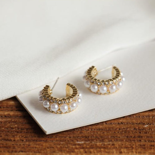 Vintage Small Pearl Hoop Earrings with Diamond for Women（4mm）