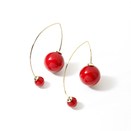 Round Red Pearl Dangle Drop Earrings for Women in 14K Gold Over Sterling Silver