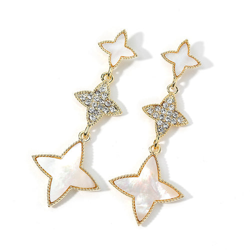 Stars Shape Mother of Pearl Stud Earrings in 14K Gold and Crystal