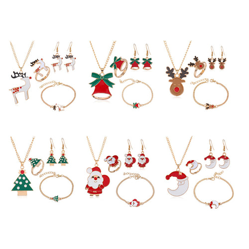 Set of 4 | Christmas Necklace Bracelet Earrings and Ring Christmas Costume Jewelry Gift