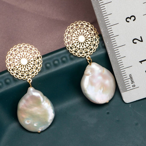 AAA Real Big Baroque Pearl Drop Earrings in 14K Gold Over Sterling Silver（14-15mm）