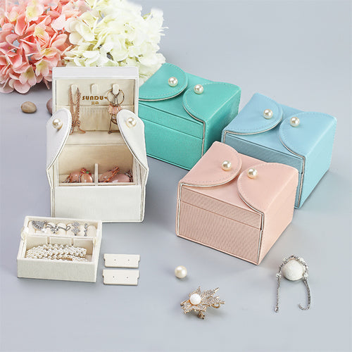 Double-layer Mini stud earrings rings Jewelry Box Useful Makeup Organizer Travel Portable Jewelry PU Box