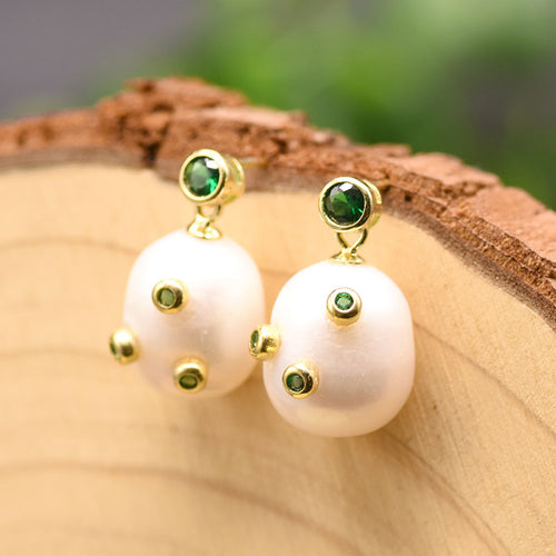 Baroque Freshwater Pearl Earrings Green Crystal Handmade Jewelry