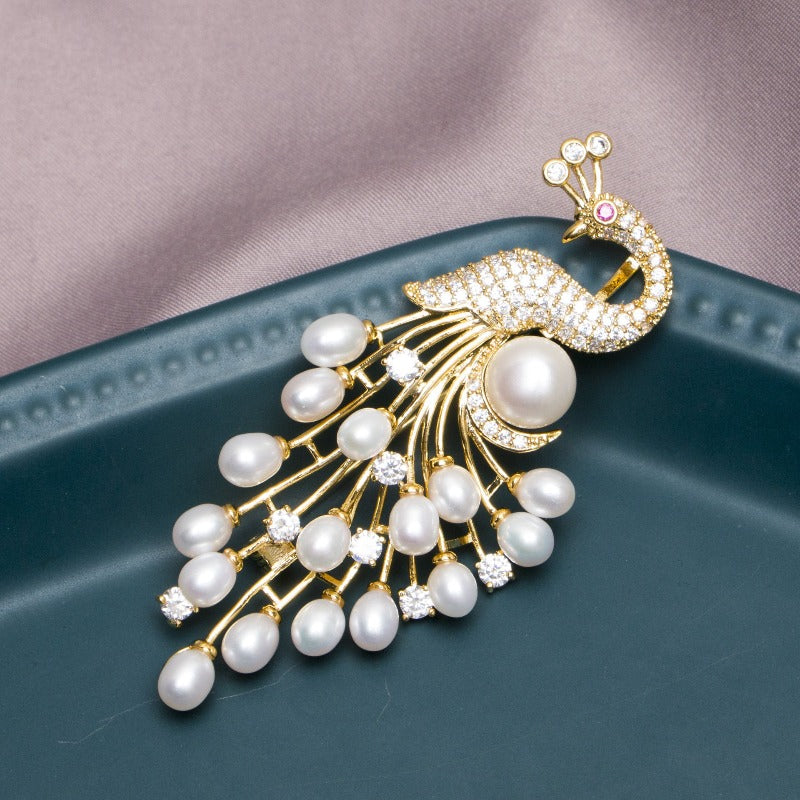 Huge Tomato Royal Style Peacock Branch Vintage Pearl Brooch, White