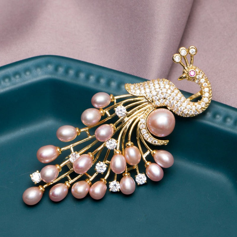 Huge Tomato Royal Style Peacock Branch Vintage Pearl Brooch, Purple