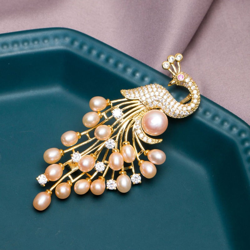 Huge Tomato Royal Style Peacock Branch Vintage Pearl Brooch, Pink