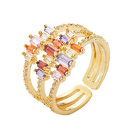 14K Gold Plated Rainbow Open Ring | Multi Layer Crystal Ring | Fashion Diamond Adjustable Ring