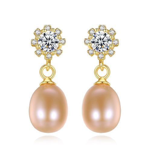 Elegent Pearl Earrings Gold and Diamond | Pink Freshwater Real Pearl Drop Earrings | Wedding Dainty Jewelry-Huge Tomato