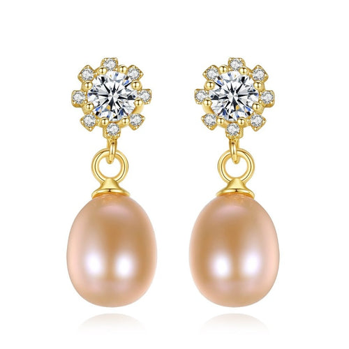 Elegent Pearl Earrings Gold and Diamond | Pink Freshwater Real Pearl Drop Earrings | Wedding Dainty Jewelry-Huge Tomato