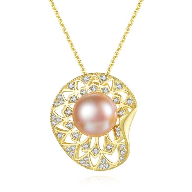 14K Gold Butterfly Pearl Necklace - 9mm Freshwater Pearl Pendant