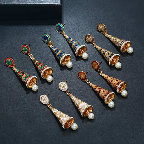 Gold Dangle Cone Earrings | Pearl Dangle Earrings | Boho Earrings for Women