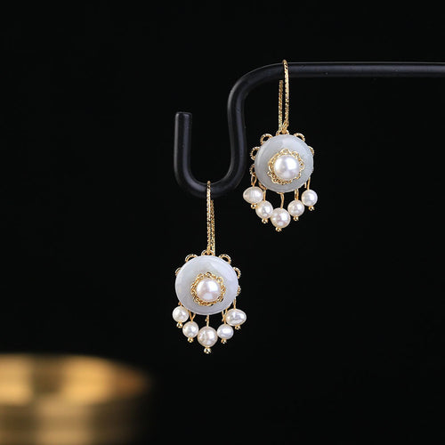 Vintage-Inspired Freshwater Pearl Jade Earrings Real Pearl Jade Drop Earrings in 18K Gold Hook