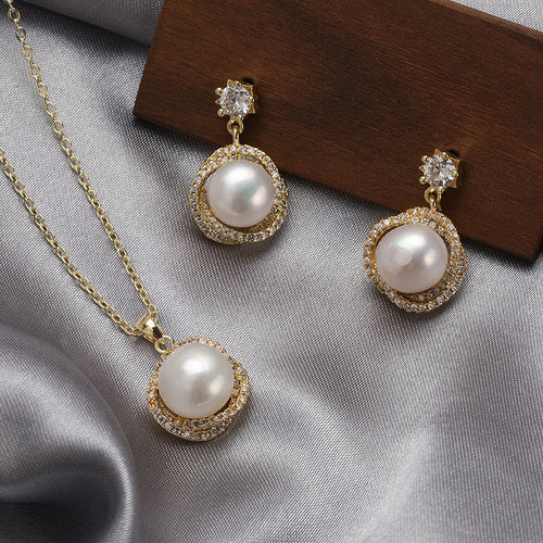 Freshwater Pearl Earrings and Necklace Set in 14K Gold Over Sterling Silver (Pearl Size 11.5-12mm)