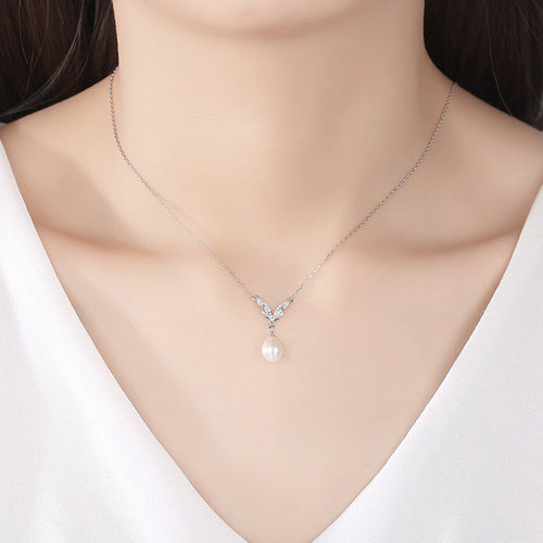 Wings Freshwater Pearl and Diamond Pendant Necklace in 14K Gold Over Sterling Silver (6-6.5mm)