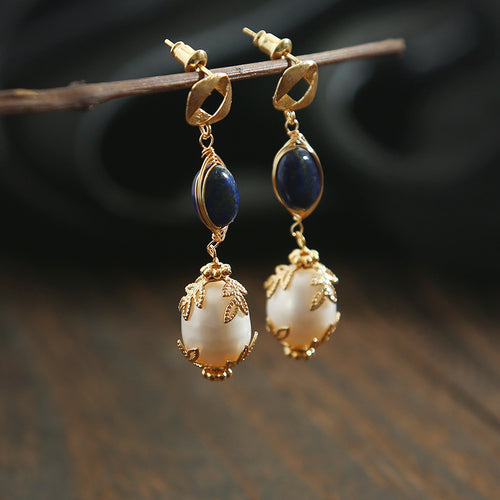 Lapis Lazuli Freshwater Cultured Pearl Drop Earrings in 14K Gold Over Sterling Silver（8-9mm）