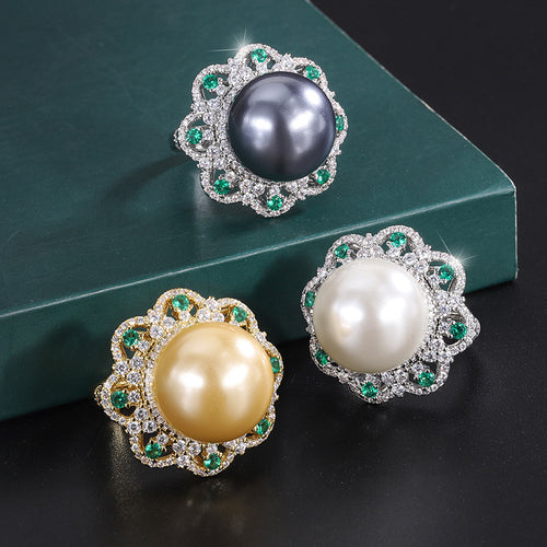 Vintage 16mm Shell Pearl Ring | Tahitian Pearl Ring   Open Ring Adjustable | Large Ring with Diamond | 3 Colors Available