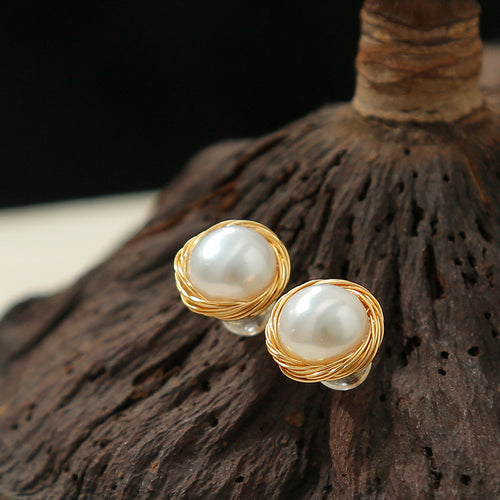 14K Gold Silver Pin Freshwater Big Pearl Handcraft Round Earrings