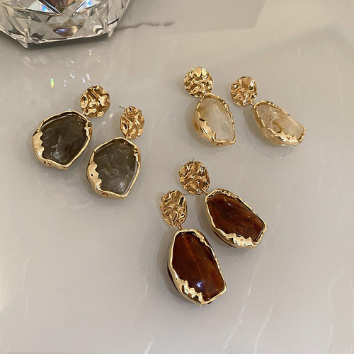 Irregular Resin Earrings | Gold Resin Drop Earrings with Sterling Silver Pins