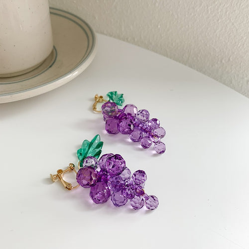 Grape Drop Earring Clip Purple Crystal Earrings with Silver Pin for Girls