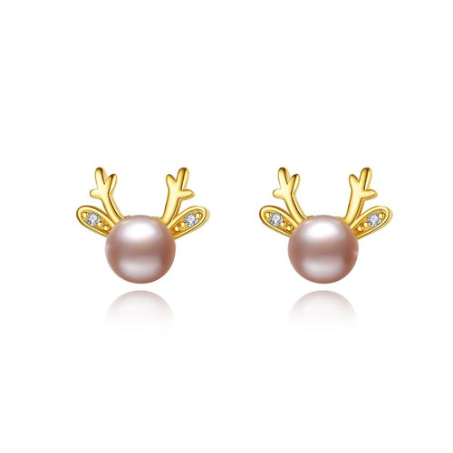 Reindeer Pearl Earrings Gold | Pink Freshwater Real Pearl Stud Earrings | Huge Tomato Jewelry