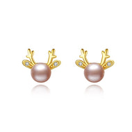 Reindeer Pearl Earrings Gold | Pink Freshwater Real Pearl Stud Earrings | Huge Tomato Jewelry