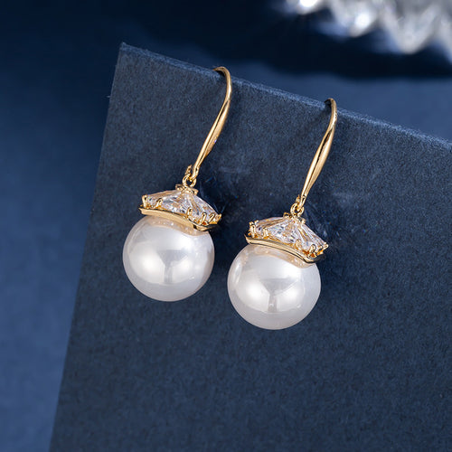 Weiße, runde Perlen-Ohrhänger für Damen, 14 Karat Gold über Sterlingsilber (14 mm)