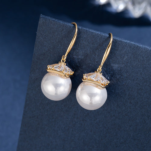 White Round Pearl Dangle Drop Earrings for Women in 14K Gold Over Sterling Silver（14mm）