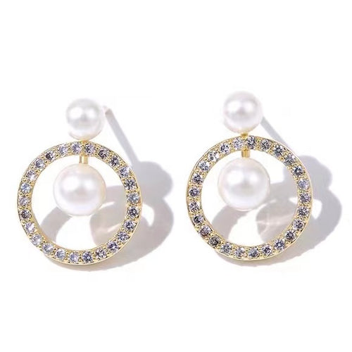Freshwater Pearl Drop Earrings Crystal Halo Earrings in 14K Yellow Gold Plated Setting (9mm Pearl)
