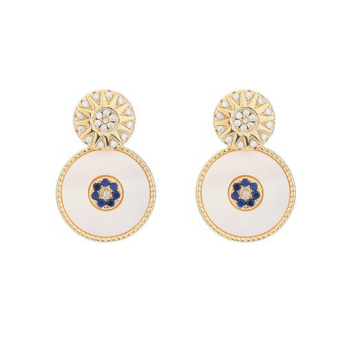 Round Shape Mother of Pearl Stud Earrings in 14K Gold and Crystal