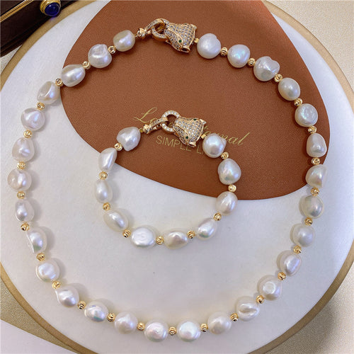 11-12mm Cultured Big Baroque Pearl Bracelet And Necklace in 14k Gold Over Sterling Silver
