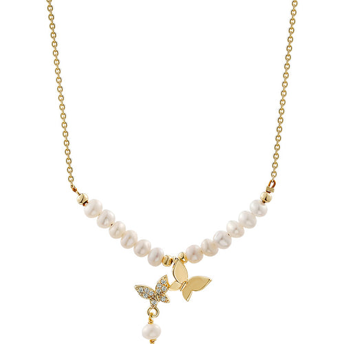 Butterfly Style White Freshwater Pearl and Diamond Pendant Necklace in 14K Gold Over Sterling Silver (4-5mm)