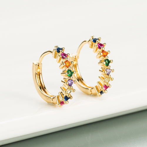 Rainbow Gold Huggie Earrings | Diamond Huggie Earrings | Gold Earrings in 18K Gold Plated