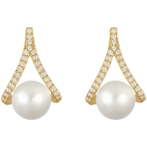 Pearl Drop Earrings | Triangle Pearl Diamond Earrings for Women with Sterling Silver Pins (5-6mm)