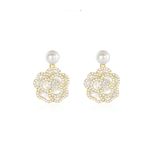 Camellia Earrings | Pearl Drop Earrings | Pearl Flower Earrings with Allergy-free Pins