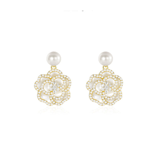 Camellia Earrings | Pearl Drop Earrings | Pearl Flower Earrings with Allergy-free Pins