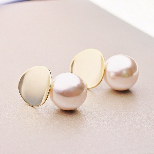 Geometry Round Pearl Stud Earrings for Women in 14K Gold Sliver Pin（14mm）