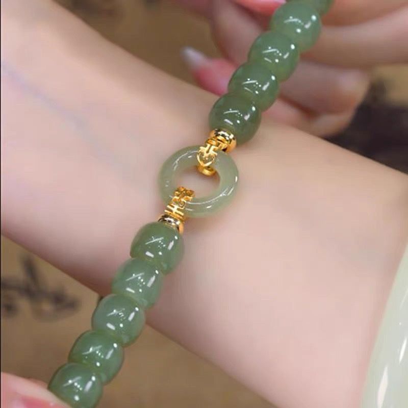 Green Jade Nephrite Bracelet | Round Pingan Clasp Nephrite Bracelet | Elastic Rope Jade Bracelet for Women