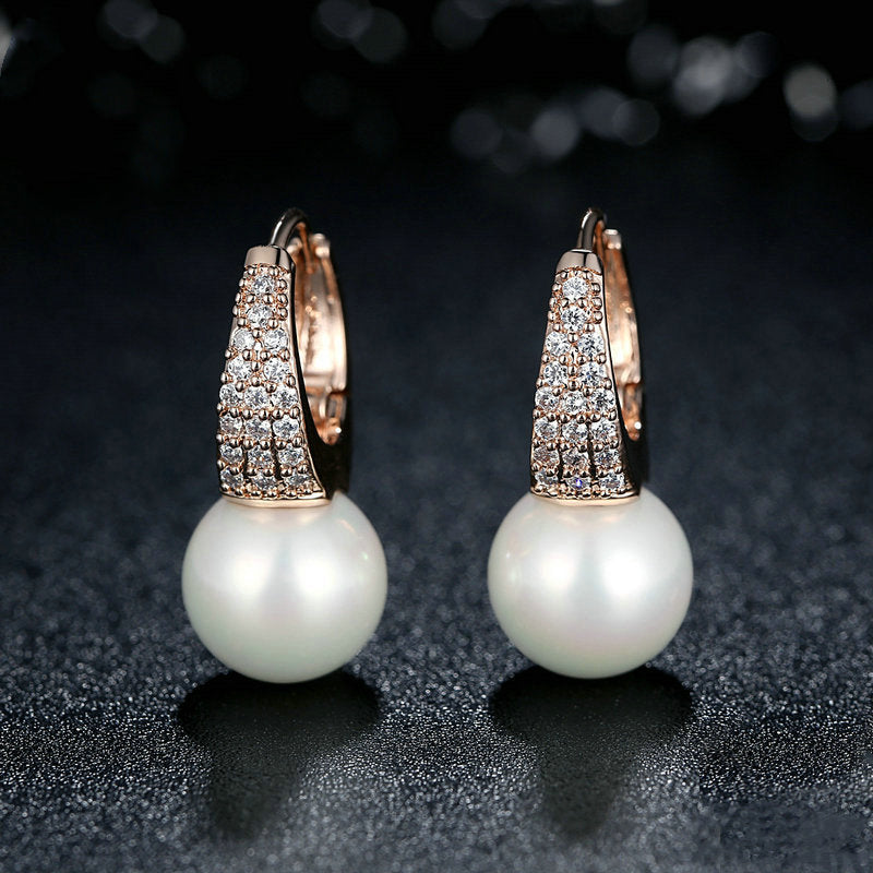 Elegant Round Pearl Dangle Earrings for Women in 14K Gold Over Sterlin ...