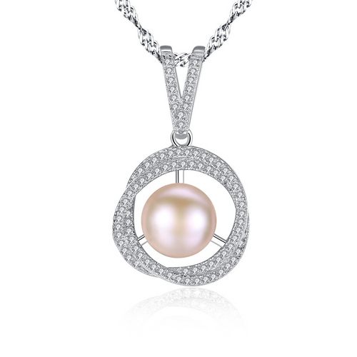 Fashion Freshwater Pearl and Diamond Pendant Necklace in Sterling Silver (7-8mm)