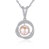 Fashion Freshwater Pearl and Diamond Pendant Necklace in Sterling Silver (7-8mm)