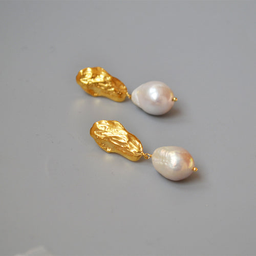Gold Baroque Pearl Earrings | Real Baroque Pearl Drop Earrings with Sterling Silver Pins