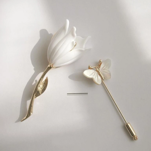 Premium Handmade  White Flower  Butterfly Lapel Pin Brooch