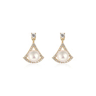 Triangle Pearl Drop Earrings | Gold Pearl and Diamond Earrings with Sterling Silver Pins