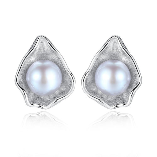 Shell Shape Pearl Earrings Silver | Grey Freshwater Real Pearl Stud Earrings | Wedding Jewelry-Huge Tomato