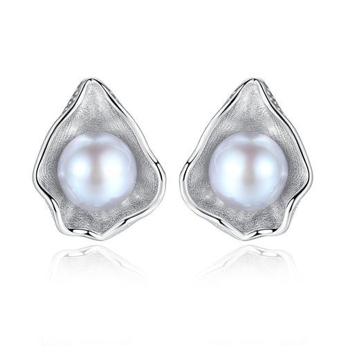 Shell Shape Pearl Earrings Silver | Grey Freshwater Real Pearl Stud Earrings | Wedding Jewelry-Huge Tomato