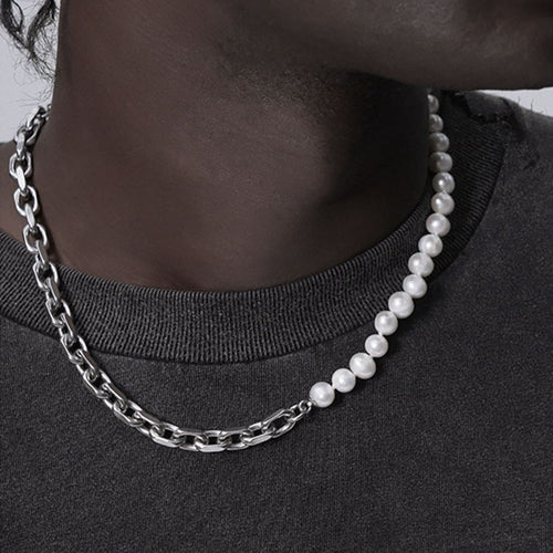 Mens Pearl Necklace | Splicing Pearl Necklace Men | Half Pearl Half Chain Necklace for Men