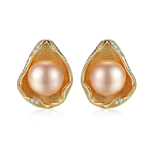 Shell shape freshwater pearl earrings | real pearl earrings | pearl stud earrings- Huge Tomato Jewelry