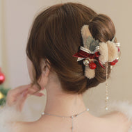 Elegant Christmas Hair Clip Furry Christmas Claw | Hair Claw Clips with Pearl Dangling