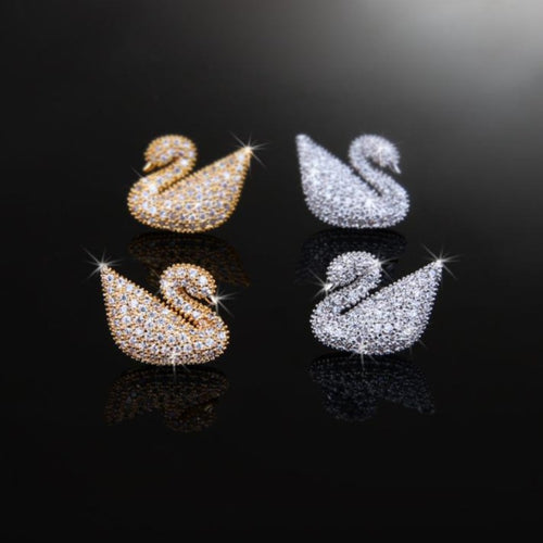Crystal Swan Earrings Gold and Silver Swan Studs in S925 Silver Pin