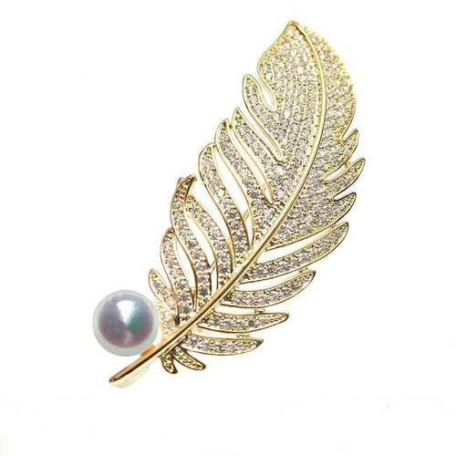 Freshwater Pearl Gold Feather Pearl Brooch with Crystal Plume Brooch Pin with Real Pearl (4 Color Available)